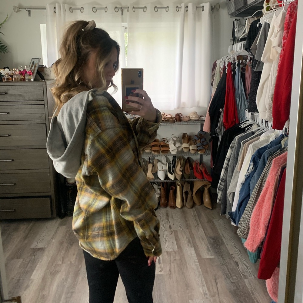 Yellow shacket with hood